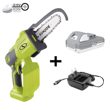 Sun Joe 24V iON+ Cordless 3000-RPM One-Handed Chain Saw Kit w/2.0-Ah Battery & Charger 24V-HCS-LTE